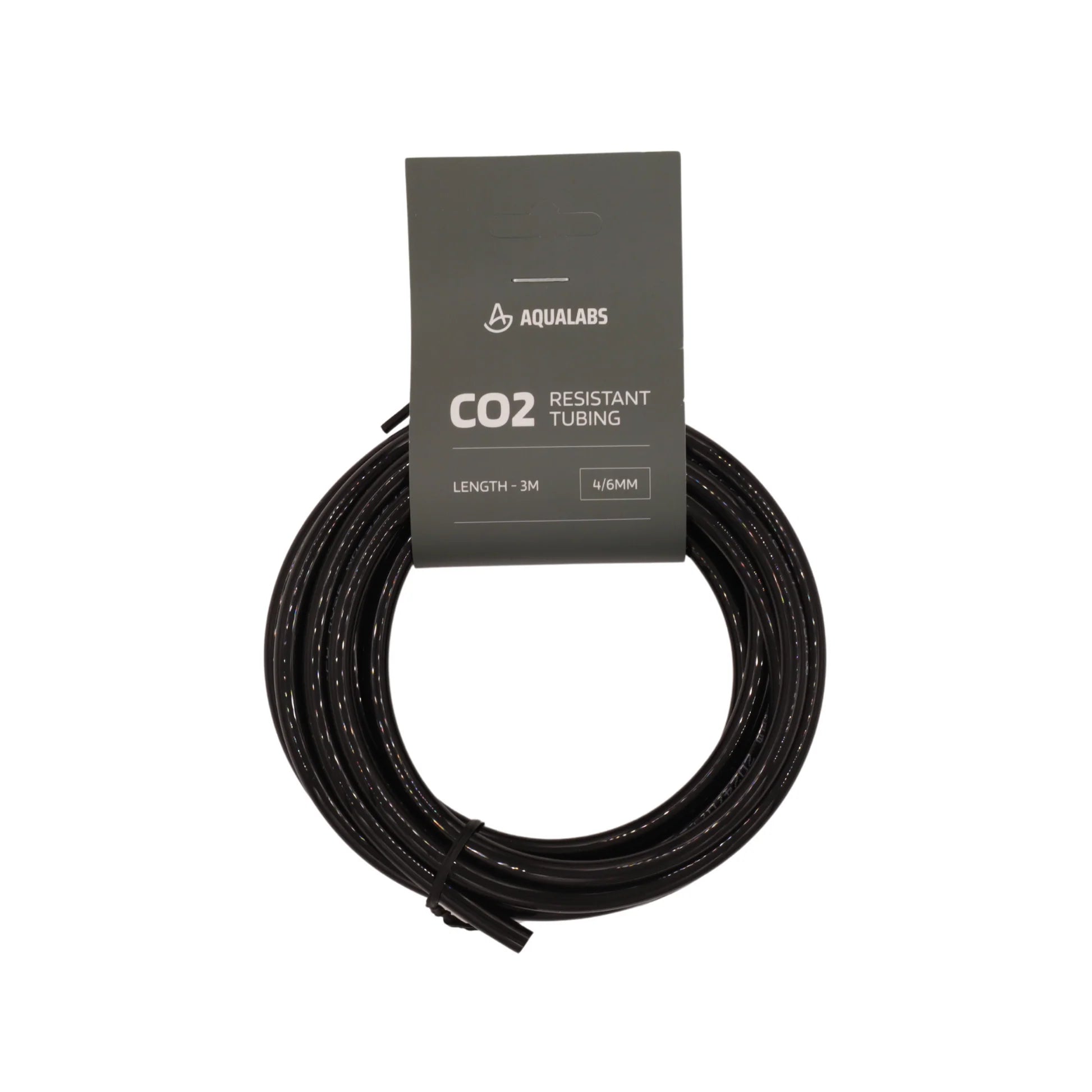 Coiled CO2 resistant tubing with Aqualabs packaging on a white background